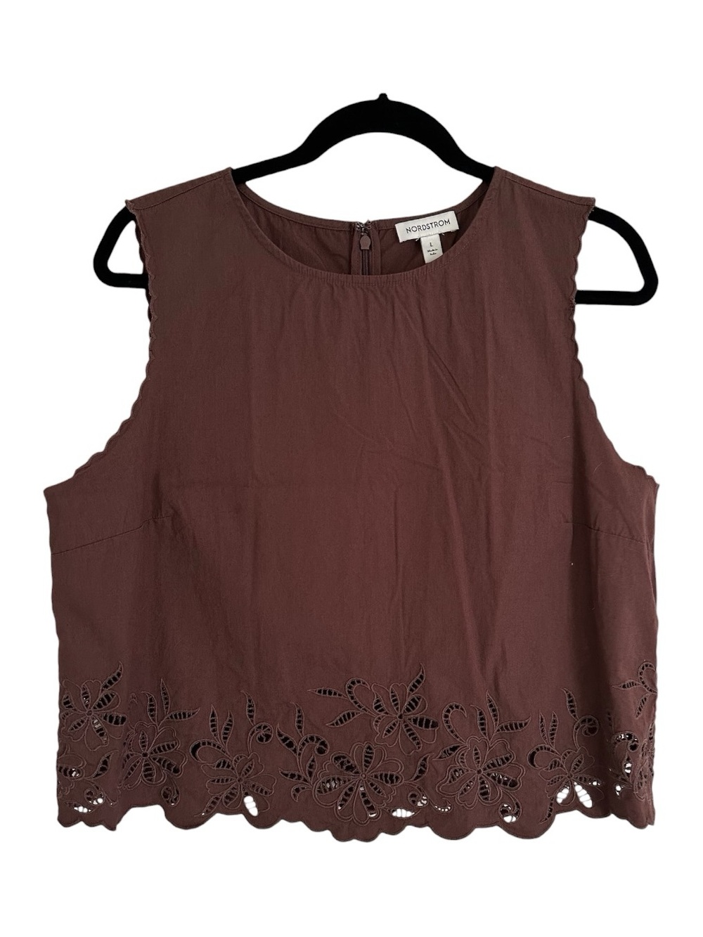 Nordstrom Brown Floral Eyelet Scallop Hem Top